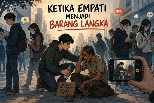 Di era digital, empati perlahan menjadi hal yang langka. Banyak orang lebih sibuk merekam daripada menolong, lebih cepat menghakimi daripada memahami. Padahal, kepedulian sederhana mampu membuat dunia terasa lebih manusiawi. Foto: Generated by AI