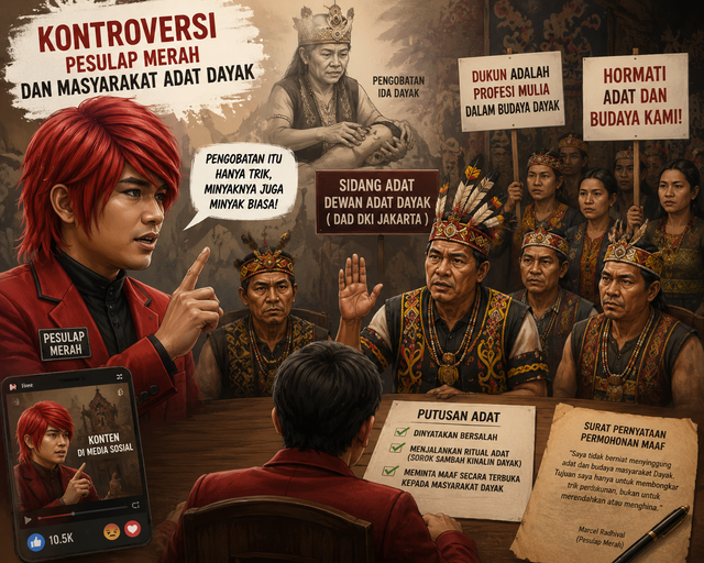 Gambar ini dihasilkan oleh AI dengan prompt yang dibuat oleh Ade Kurniawan, Sanksi Adat Dayak terhadap Pesulap Merah dalam kontroversi Ida Daya