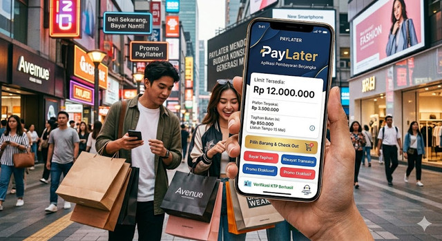 Gambar ini menggambarkan visualisasi kontras antara kemudahan akses finansial modern dengan realitas budaya konsumtif yang menjebak generasi muda. Foto: Gemini AI