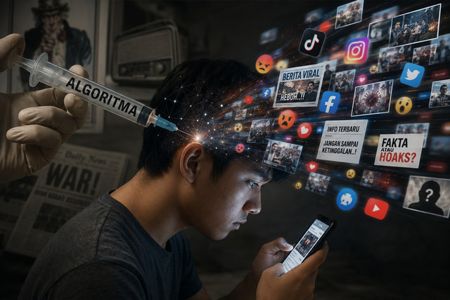 Ilustrasi pengaruh algoritma media sosial yang membentuk opini, emosi, dan perilaku masyarakat secara digital. Foto: Generated by AI