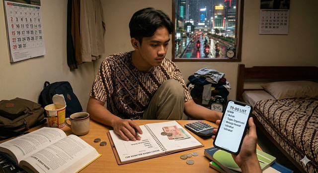 Seorang pemuda perantau tengah merapikan catatan keuangan bulanan didampingi aplikasi jadwal harian (to-do list) di kamar kosnya, dengan latar belakang pemandangan kota besar di waktu malam. Di tengah kerasnya tekanan ekonomi urban dan tingginya biaya hidup, kemampuan mengelola finansial secara bijak serta disiplin membagi waktu menjadi penentu utama bagi generasi muda untuk bertahan hidup dan meraih kesuksesan di tanah perantauan. Sumber : Generate by AI