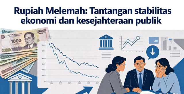 Ilustrasi grafik nilai tukar Rupiah yang menurun, disertai simbol mata uang dan kebutuhan pokok, menggambarkan dampak pelemahan nilai tukar terhadap stabilitas ekonomi serta kesejahteraan masyarakat luas.(sumber: kreasi ai)