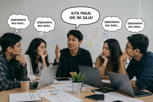 Fenomena groupthink pada mahasiswa dalam kerja kelompok ( Grafis oleh AI )