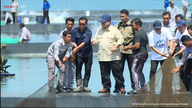 Presiden Prabowo yang didampingi Menteri KP Sakti Wahyu Trenggono, dan Menko Pangan Zulkifli Hasan mengikuto panen raya udang di Tambak Budidaya Udang Berbasis Kawasan di Kebumen, Sabtu (23/5/2026). Foto: YouTube/ Sekretariat Presiden
