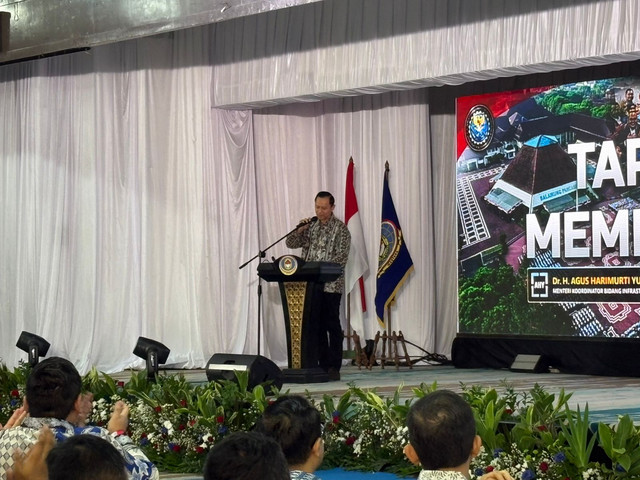 Menko Infrastruktur dan Pembangunan Kewilayahan Agus Harimurti Yudhoyono dalam acara Munas IKASTARA di Wisma Serbaguna GBK, Jakarta, Sabtu (23/5/2026). Foto: Zamachsyari/kumparan