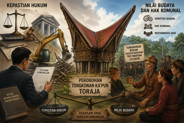 Ilustrasi tersebut menggambarkan benturan antara kepastian hukum dan nilai budaya dalam kasus perobohan Tongkonan Ka’pun di Toraja, di mana hukum formal berhadapan dengan upaya masyarakat adat mempertahankan warisan budaya dan hak komunal mereka. Sumber Gambar by Kecerdasan Buatan AI (Chat Gpt)