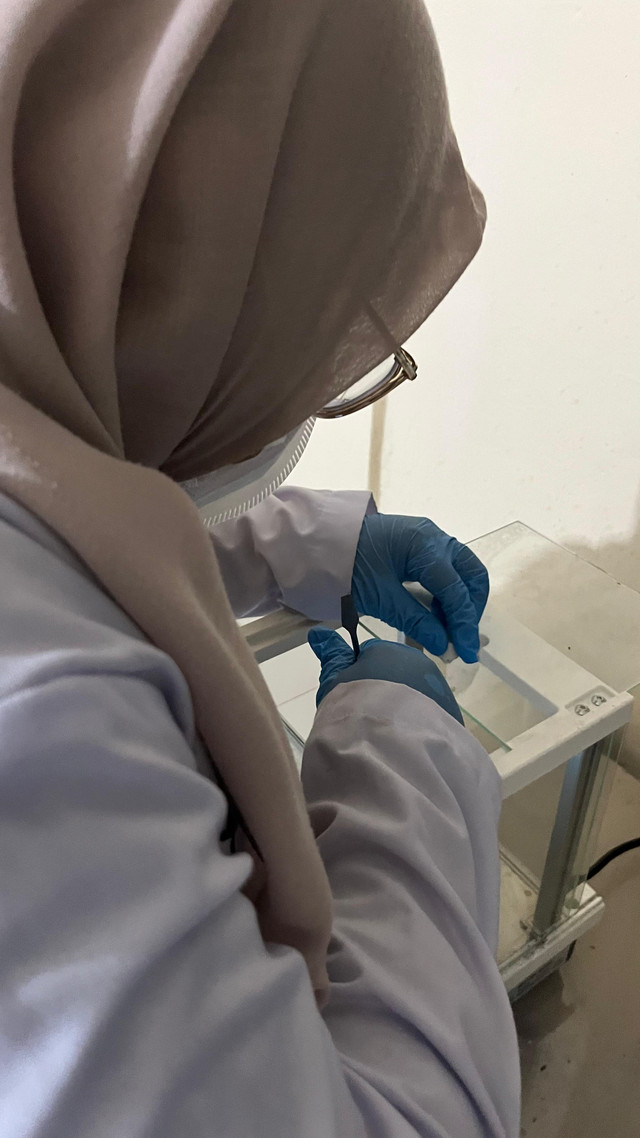 Mahasiswa melakukan penimbangan sampel menggunakan neraca analitik saat praktikum kimia di laboratorium kampus, Selasa (14/04/2026). Foto: fitri bunga silviana