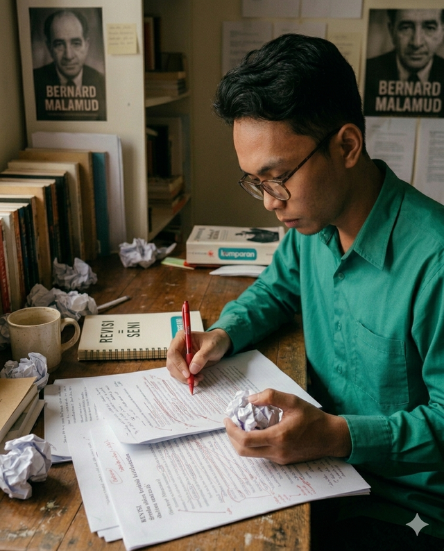 Iustrasi seorang remaja sedang revisi naskah Sumber : AI