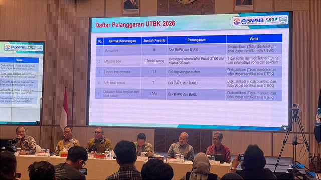 Konferensi pers pengumuman hasil UTBK SNBT 2026 di Gedung D Kemdiktisaintek, Jl Pintu 1 Senayan, Jakarta, Senin (25/5/2026). Foto: Jeni Ritanti/kumparan