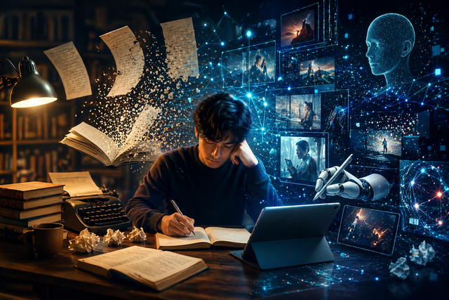 Ilustrasi transformasi dunia literasi di era digital yang memperlihatkan pertemuan antara tradisi membaca, menulis, dan perkembangan teknologi berbasis algoritma serta kecerdasan buatan (AI). Foto: Idisign