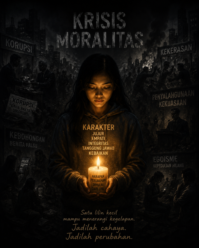 Gambar ini menggambarkan seorang perempuan yang membawa cahaya harapan di tengah gelapnya krisis moralitas. Pesan dari gambar ini adalah bahwa perubahan besar dapat dimulai dari diri sendiri, menjadi cahaya kecil yang mampu menerangi kegelapan zaman. Foto: Generated by AI