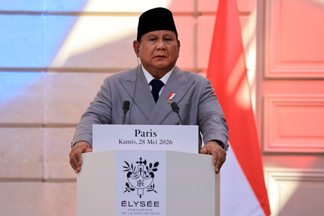 Presiden Prabowo memberikan pidato usai disambut oleh Presiden Perancis Emmanuel Macron di Istana Elysee, Paris, Prancis, Kamis (28/5/2026). Foto: Ludovic Marin/AFP