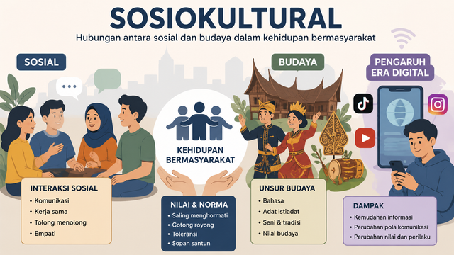 Hubungan antara sosial dan budaya dalam kehidupan masyarakat. Ilustrasi Dibuat Menggunakan AI