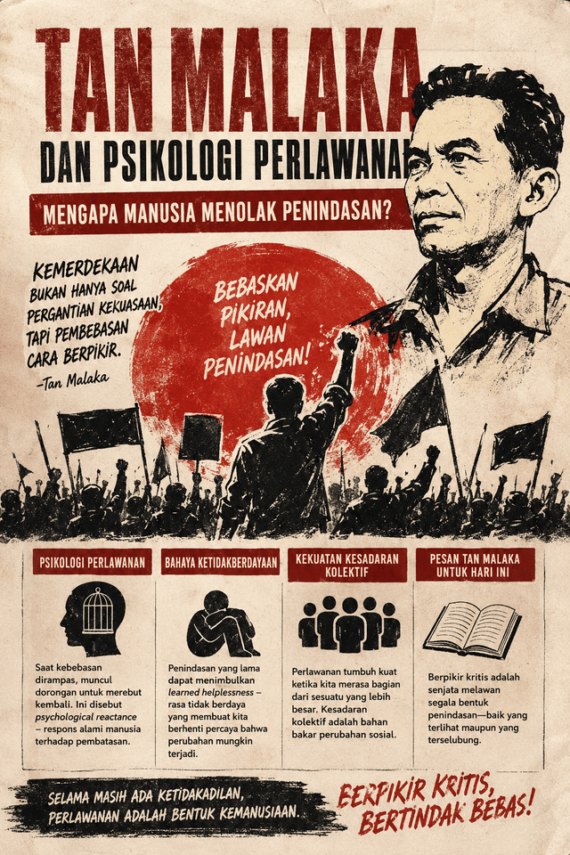 Poster bertema “Tan Malaka dan Psikologi Perlawanan” yang menampilkan potret Tan Malaka dengan gaya ilustrasi historis. Gambar dihasilkan oleh AI Chatgpt