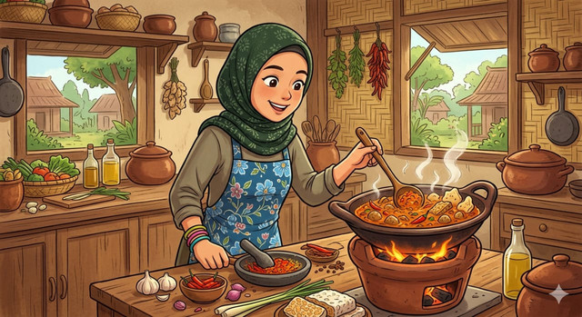 Sambal tumpang sedang dalam proses pembuatan. Ilustrasi kreasi Gemini AI.
