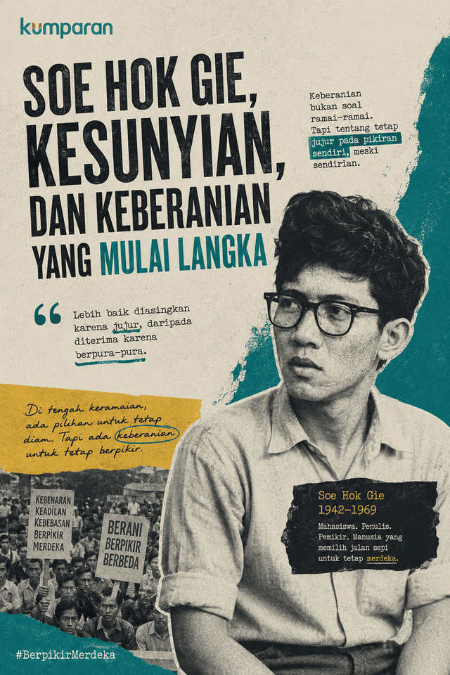 Soe Hok Gie dan keberanian untuk tetap berpikir merdeka di tengah tekanan konformitas. Gambar dihasilkan oleh AI Chatgpt