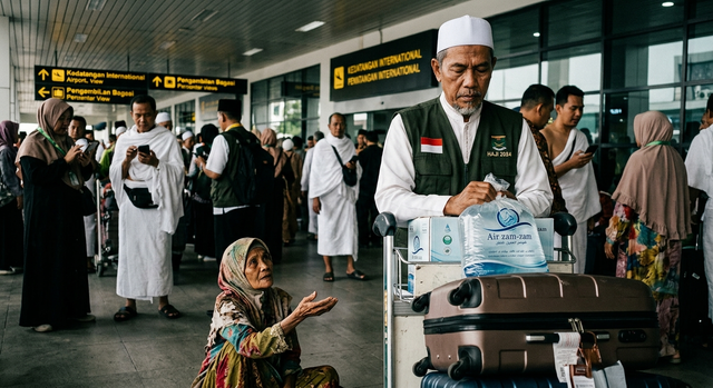 Ilustrasi jemaah yang pulang haji. Foto: generate by gemini.
