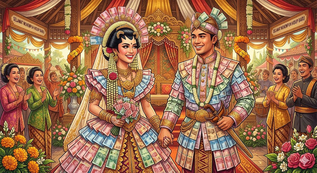 Ilustrasi gambar pengantin di madura yang memakai baju dan gaun dari uang. Sumber Gambar: Google Gemini ai