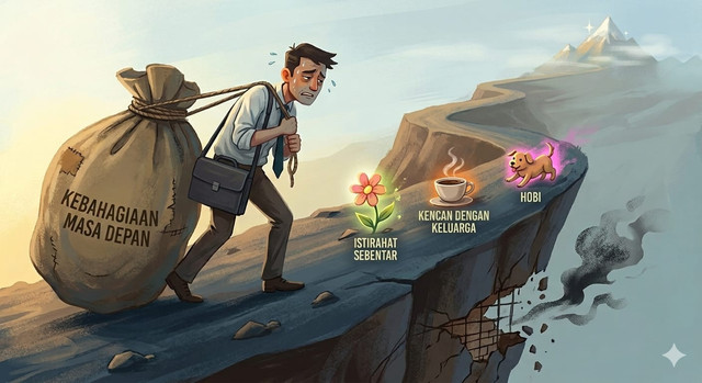 Ilustrasi seorang pekerja kelelahan menarik karung goni raksasa bertuliskan "KEBAHAGIAAN MASA DEPAN" di tebing curam. Ia berjalan menanjak menuju puncak gunung sambil mengabaikan kebahagiaan kecil di sekitarnya yang digambarkan lewat ikon "ISTIRAHAT SEBENTAR", "KENCAN DENGAN KELUARGA", dan "HOBI". Visual ini menjadi simbol kuat tentang pengorbanan momen berharga hari ini demi masa depan. Gambar ini dibuat oleh AI.