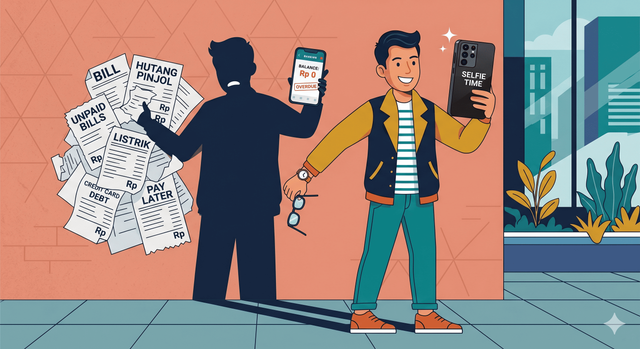 Ilustrasi seorang anak muda yang bergaya dengan ponsel mewah, sementara bayangannya menunjukkan realitas tumpukan tagihan utang pinjol dan saldo m-banking Rp 0. Sumber: Dibuat dengan AI (Gemini)