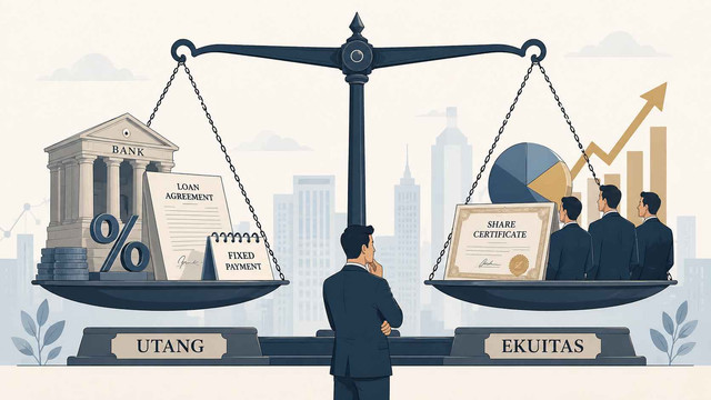 Ilustrasi perbandingan utang dan ekuitas dalam keputusan biaya modal perusahaan. Gambar dibuat menggunakan AI generatif oleh ChatGPT/DALL·E, 2026.