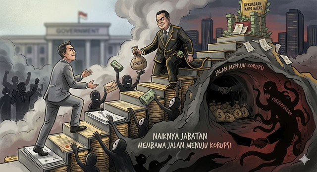 ilustrasi: Naiknya Jabatan Membawa Jalan Korupsi. Sumber: Gemini Ai