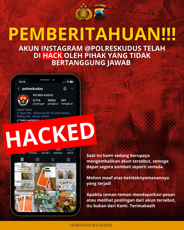 Pamflet berisi informasi akun instagram Polres Kudus yang kena hack. Foto: Polres Kudus