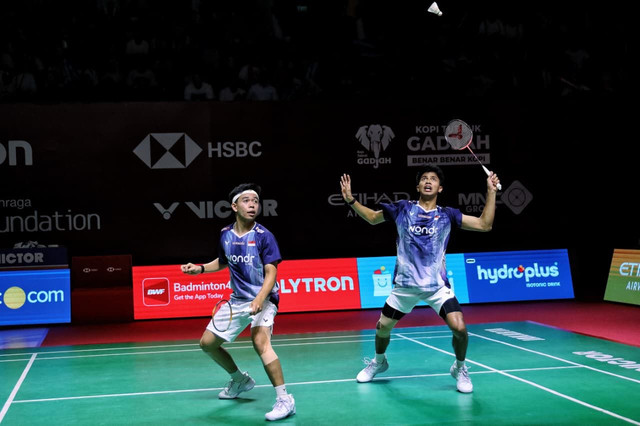 Ganda putra Indonesia Ali Faathir Rayhan dan Devin Artha Wahyudi saat melawan Taiwan Zhi Wei He dan Huang Jui Hsuan pada pertandingan Polytron Indonesia Open 2026 di Istora Senayan, Jakarta, Rabu (3/6/2026). Foto: BNI