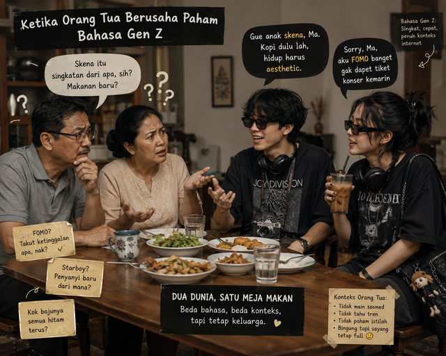 Ilustrasi anak skena dan orang tua. Gambar: generated by AI