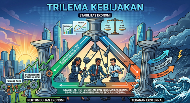 Ilustrasi trilema kebijakan: stabilitas, pertumbuhan, dan tekanan eksternal. Foto: Generated by AI