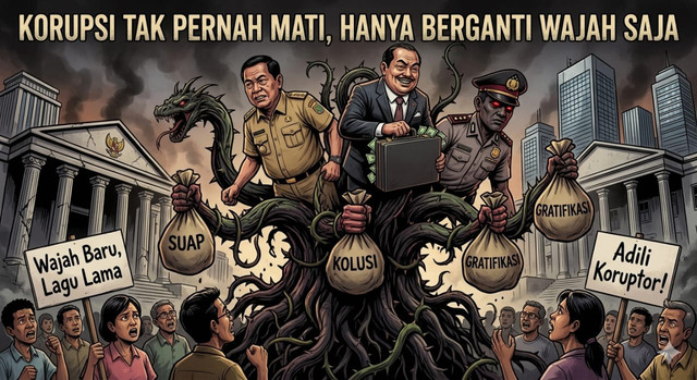 Ilustrasi panggung sandiwara sang parasit wajah baru, lagu lama. Foto: Gemini AI