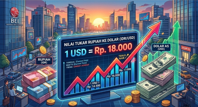 Ilustrasi pelemahan nilai tukar Rupiah terhadap Dolar Amerika; dibuat dengan AI