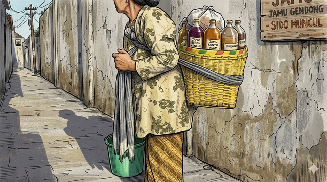 Ilustrasi jamu gendong warisan budaya UNESCO mbok jamu Indonesia tradisional.Photo by Gemini AI
