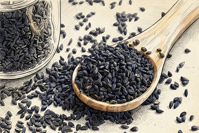 Ilustrasi habbatussauda bukti sains nigella sativa Thymoquinone biji hitam farmakologi.Photo by Gemini AI