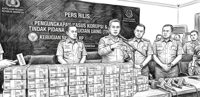Ilustrasi konferensi pers tindak pidana korupsi oleh aparat penegak hukum yang dihasilkan oleh Gemini (AI)