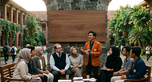 Ilustrasi Mahasiswa dan dosen berdiskusi dalam forum akademik terbuka sebagai upaya membangun budaya intelektual, kolaborasi, dan kepemimpinan di lingkungan perguruan tinggi. Photo: Gemini AI