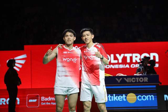 Pasangan ganda putra muda Indonesia, Raymond Indra/Nikolaus Joaquin, berhasil melaju ke partai final Indonesia Open 2026. Foto: BNI