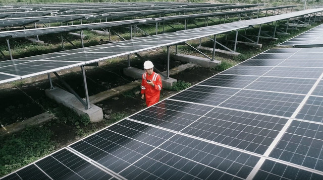 Petugas PLN Indonesia Power (PLN IP) mengecek proyek PLTS. Foto: PLN IP