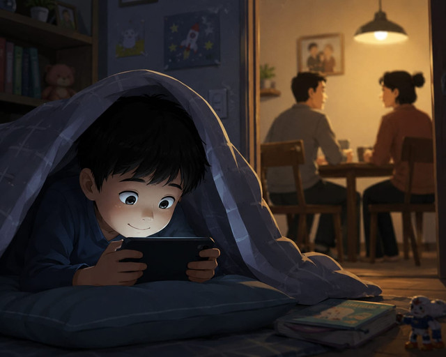 Gambar ilustrasi yang dibuat oleh AI. Ilustrasi ini menggambarkan keberadaan teknologi sebagai pendamping kedua anak.