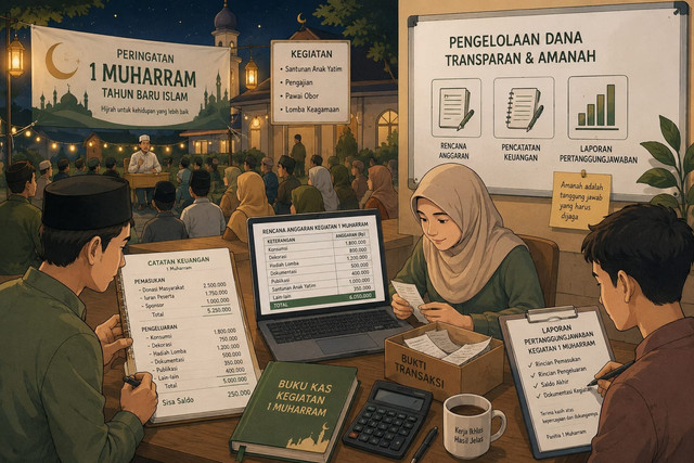 Ilustrasi panitia 1 Muharram sedang melakukan perencanaan anggaran, pencatatan transaksi, dan penyusunan pertanggungjawaban. sumber : Open AI (GPT)