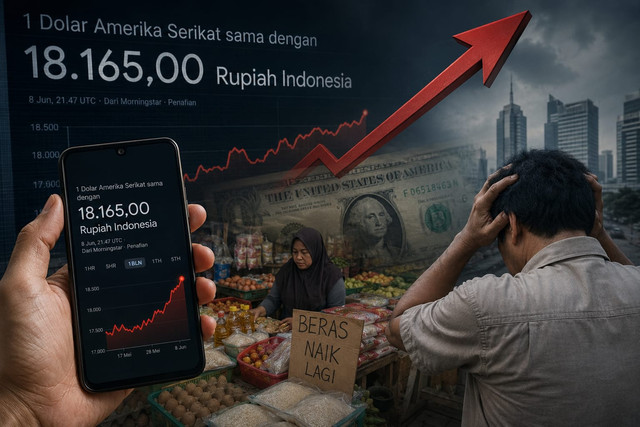 Ilustrasi pelemahan rupiah terhadap dolar AS yang disertai kenaikan harga kebutuhan pokok di pasar tradisional. Fluktuasi nilai tukar menjadi salah satu indikator yang memengaruhi stabilitas ekonomi dan daya beli masyarakat. Foto: Ilustrasi/AI.