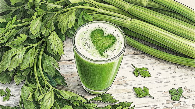 Ilustrasi seledri asam urat jus seledri herbal anti gout apigenin.Photo by Gemini AI