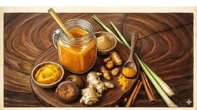 Ilustrasi fermentasi herbal jamu tradisional Indonesia tanaman obat probiotik.Photo by Gemini AI