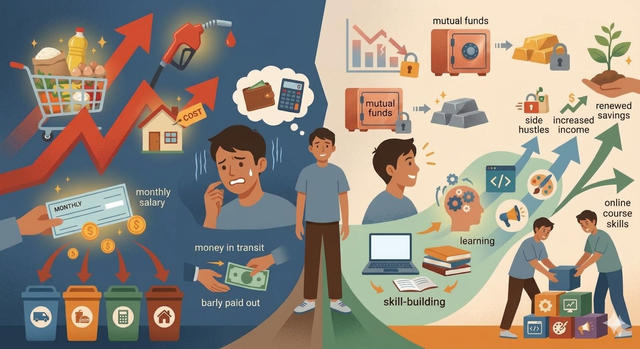 Ilustrasi "Biaya Hidup Melejit, Impian Investasi Jadi Pailit" ini dibuat oleh Gemini AI.