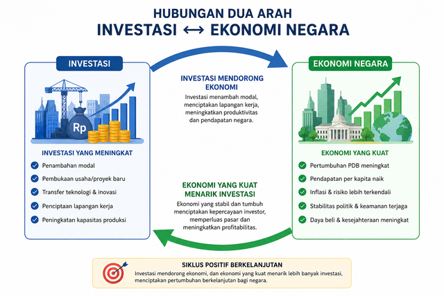 Ilustrasi hubungan dua arah antara investasi dan ekonomi negara. Foto: Generated by AI