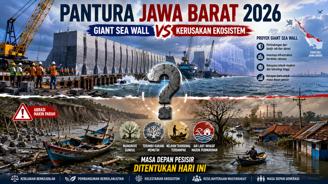 Ilustrasi: Giant Sea Wall dan tantangan menjaga keseimbangan antara perlindungan pesisir dan kelestarian ekosistem Pantura Jawa Barat. Sumber: ChatGPT/OpenAI (2026).