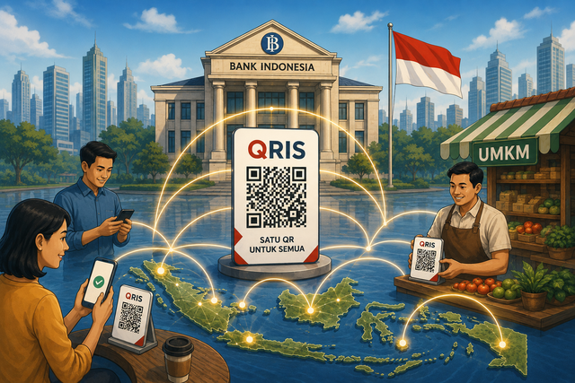 Ilustrasi penggunaan QRIS yang mengintegrasikan lintas platform pembayaran dan diadopsi luas oleh berbagai lapisan masyarakat di Indonesia terutama dalam transaksi UMKM.