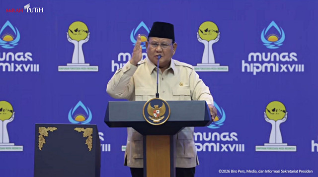 Presiden Prabowo memberikan paparan dalam acara pembukaan Musyawarah Nasional (Munas) ke-XVIII Himpunan Pengusaha Muda Indonesia (HIPMI) di Lampung, Rabu (10/6/2026). Foto: YouTube/ Sekretariat Presiden
