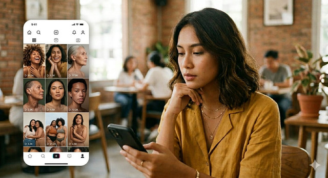 Ilustrasi perempuan yang tertekan akibat standar kecantikan di media sosial. Foto: Generative AI