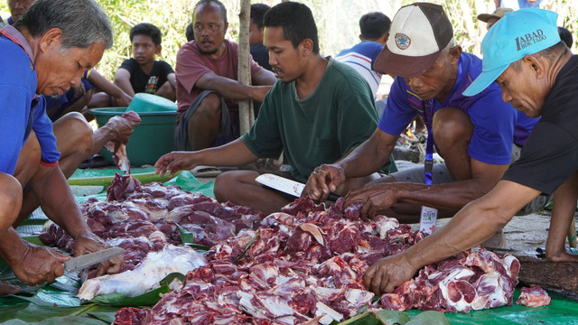 Warga Saling Bergotong Royong dalam proses Qurban di Kp. Nampar, Ds. Golo Leleng, Kec. Sano Nggoang, Manggarai Barat, NTT (Sumber: DT Peduli)